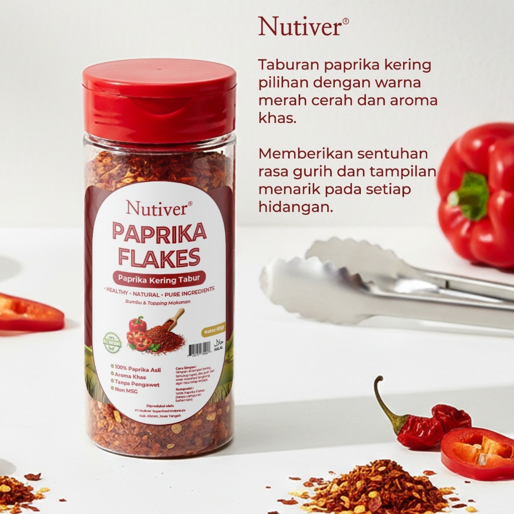 NUTIVER Paprika Flakes 60gr Paprika Bubuk Kasar Kering Tabur Bumbu Tabur Masakan Non MSG