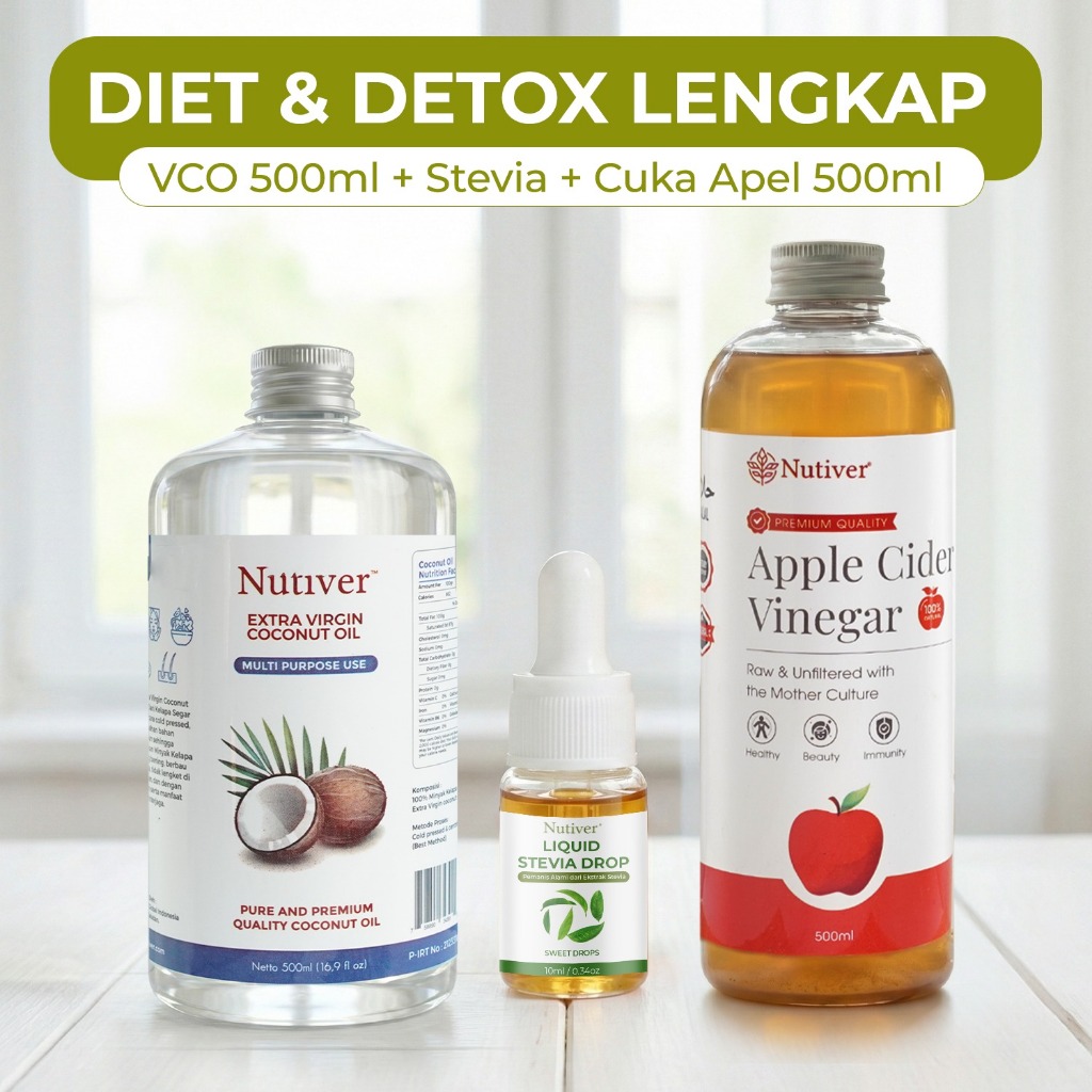 NUTIVER Paket Diet Detox Lengkap VCO 500ml + Cuka Apel Cider Vinegar 500ml + Stevia Tetes 10ml 3in1