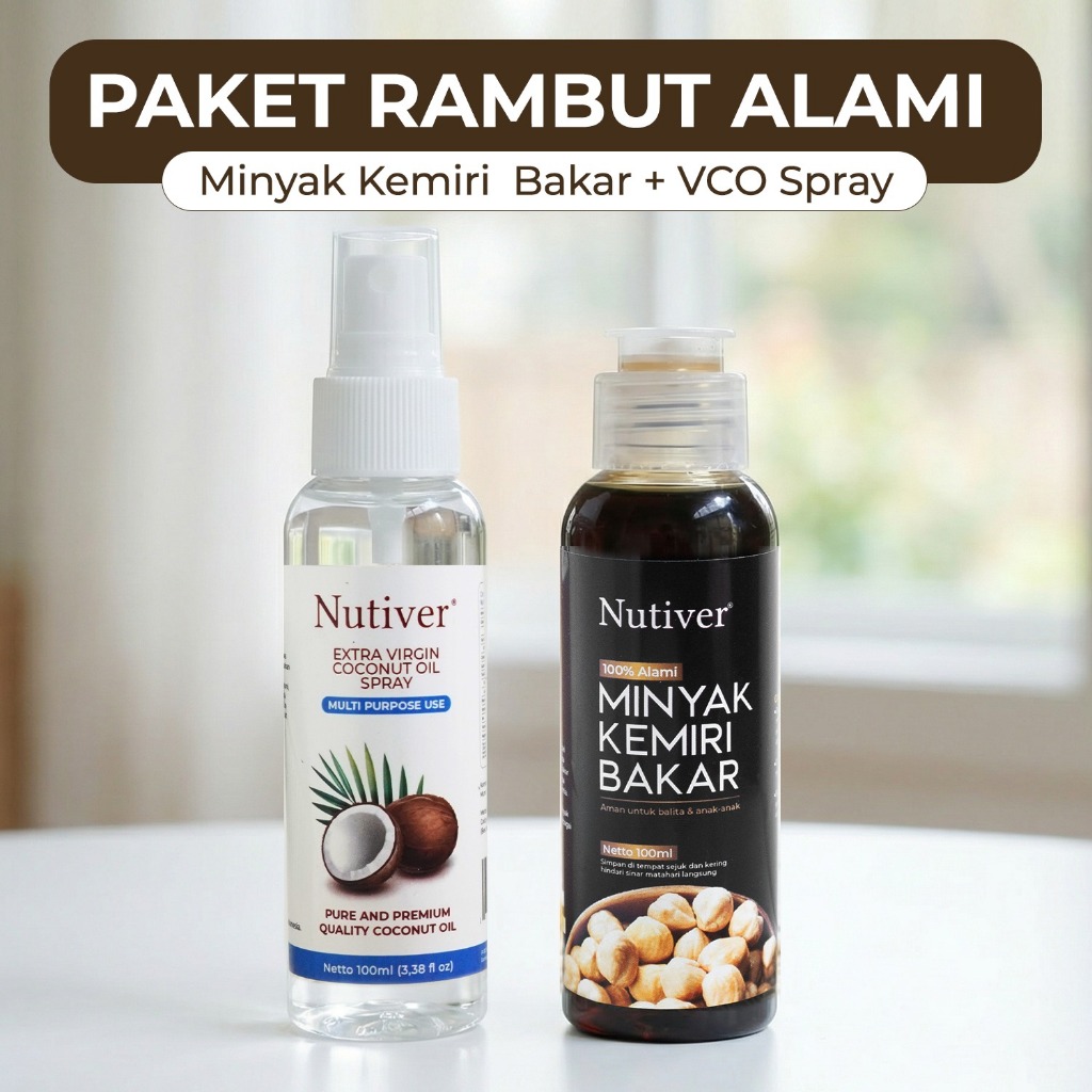 NUTIVER Paket Minyak Kemiri Bakar 100ml + VCO Spray 100ml Penumbuh Rambut Alami Perawatan Rambut