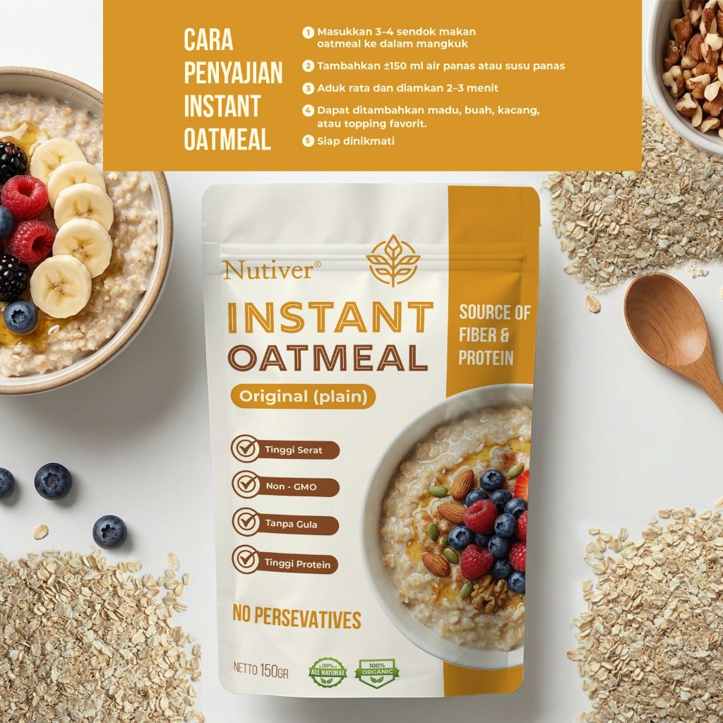 NUTIVER Instant Oatmeal 150gr Biji Gandum Instan Saji Sarapan Sehat Tinggi Serat Non GMO