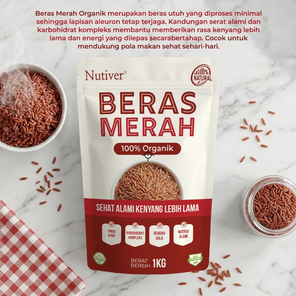 NUTIVER  Beras Merah Organik 1kg Beras Diet Sehat Tinggi Serat Rendah Gula Karbo Kompleks