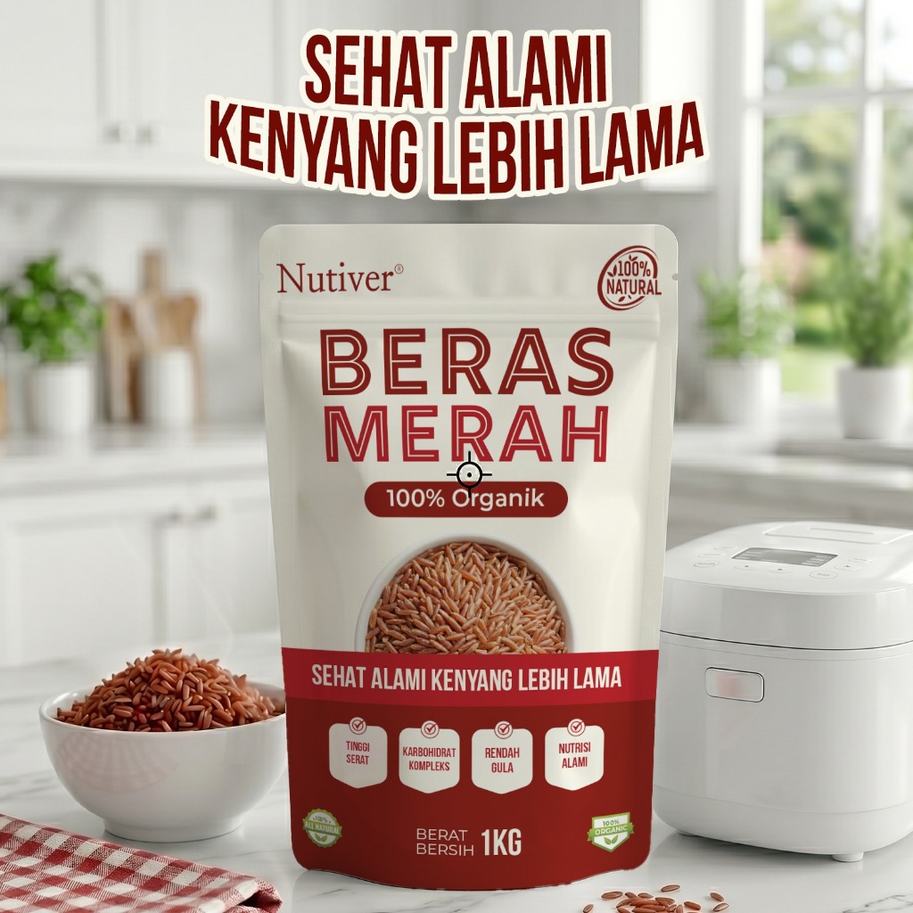 NUTIVER  Beras Merah Organik 1kg Beras Diet Sehat Tinggi Serat Rendah Gula Karbo Kompleks