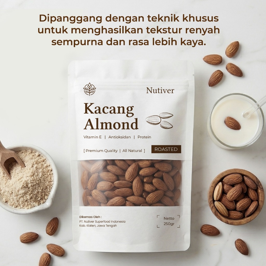 NUTIVER Kacang Almond Roasted 250gr Almond Panggang Premium Snack Sehat Gurih Tanpa Pengawet