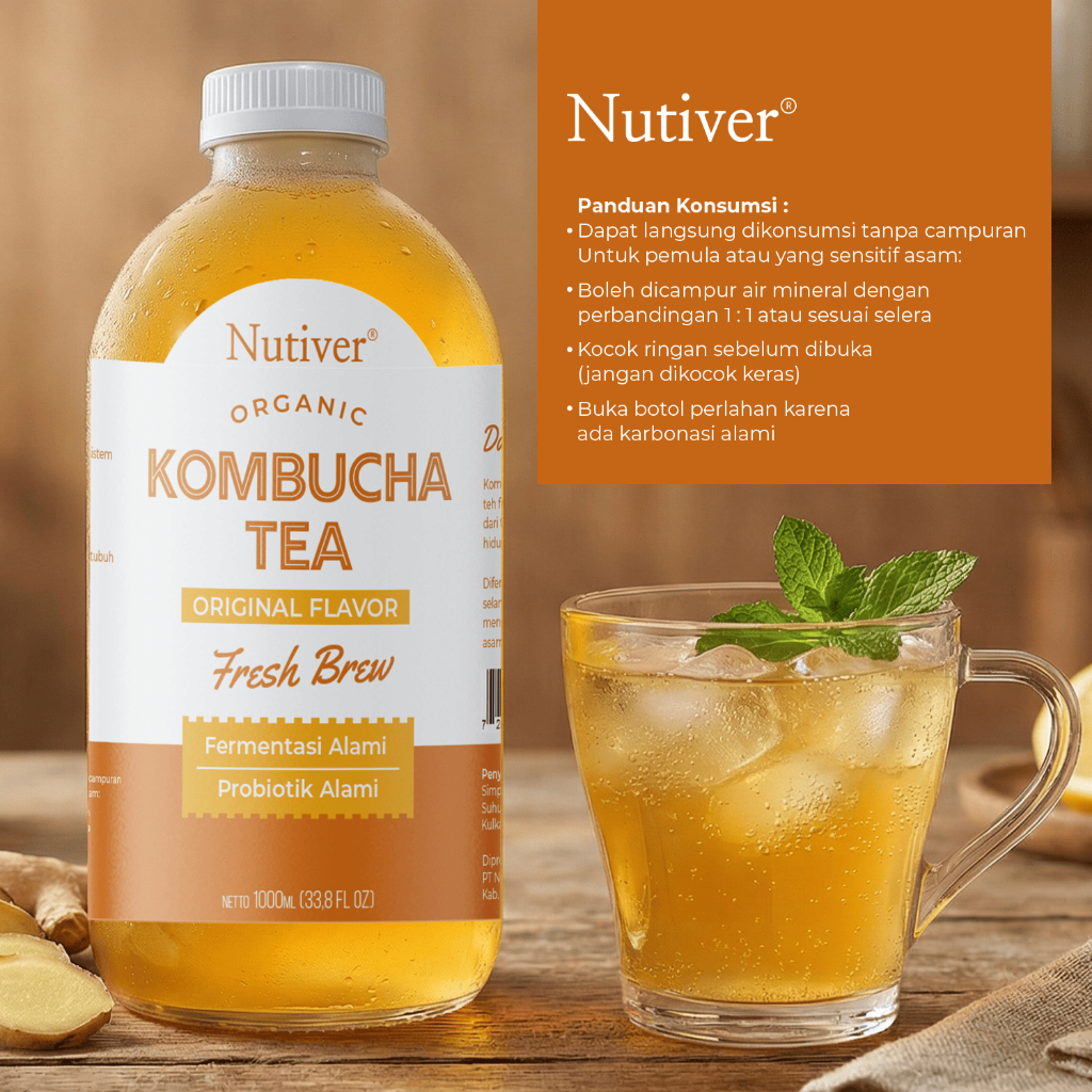 NUTIVER Organic Kombucha Tea | Teh Kombucha | Fermentasi Alami | Probiotik Alami | Original Flavour | Fresh Brew