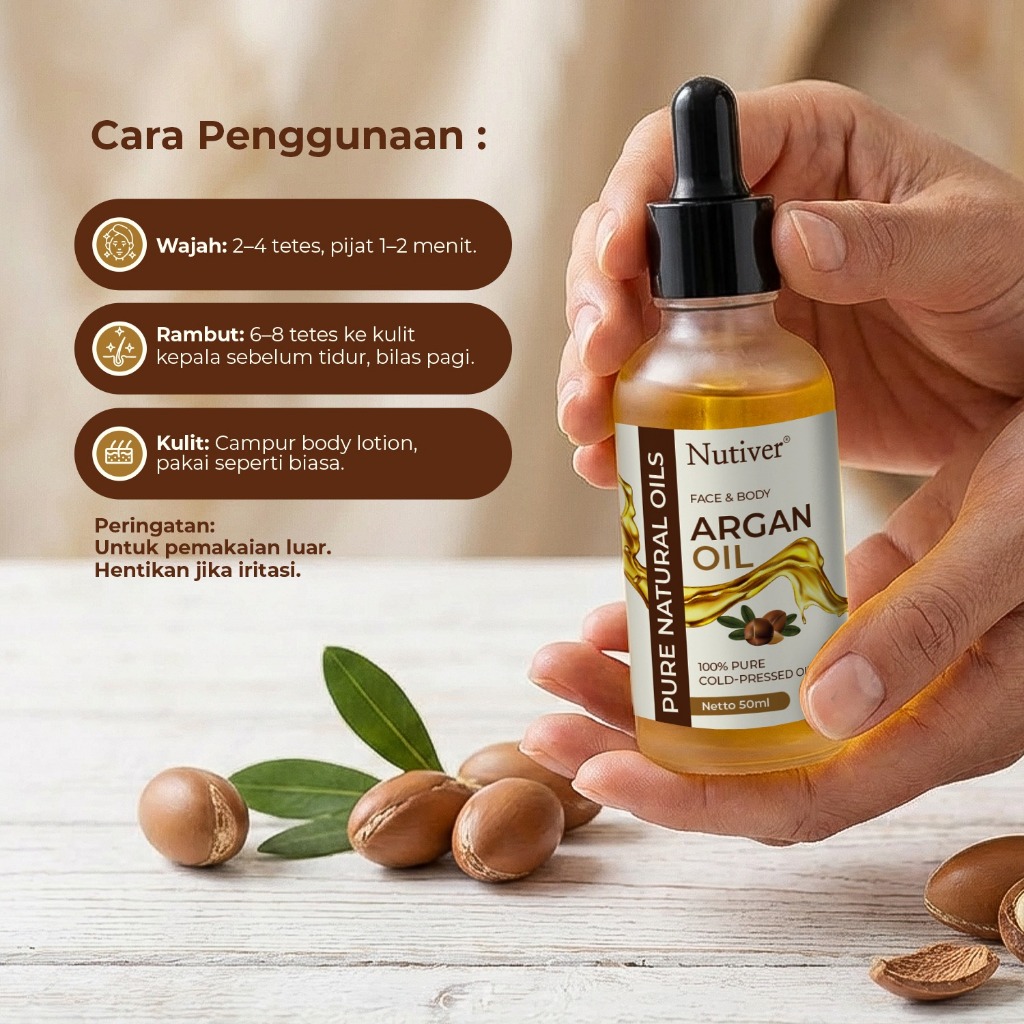 NUTIVER Argan Oil 50ml Asli 100% Cold Pressed – Minyak Argan Wajah Rambut Kulit Kering