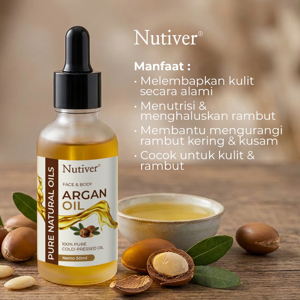 NUTIVER Argan Oil 50ml Asli 100% Cold Pressed – Minyak Argan Wajah Rambut Kulit Kering