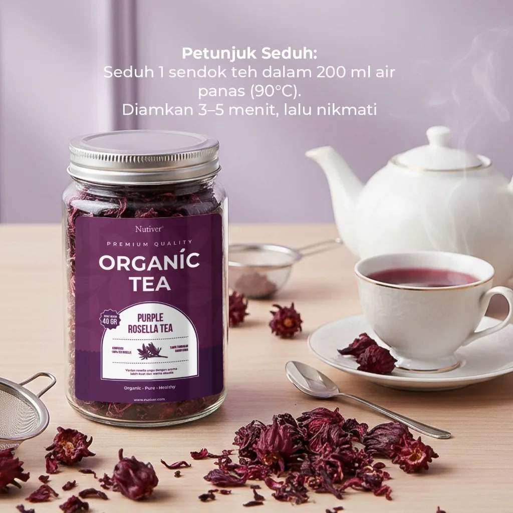 NUTIVER Purple Rosella Tea Organik 40gr | Teh Rosella Ungu Herbal Premium Loose Leaf