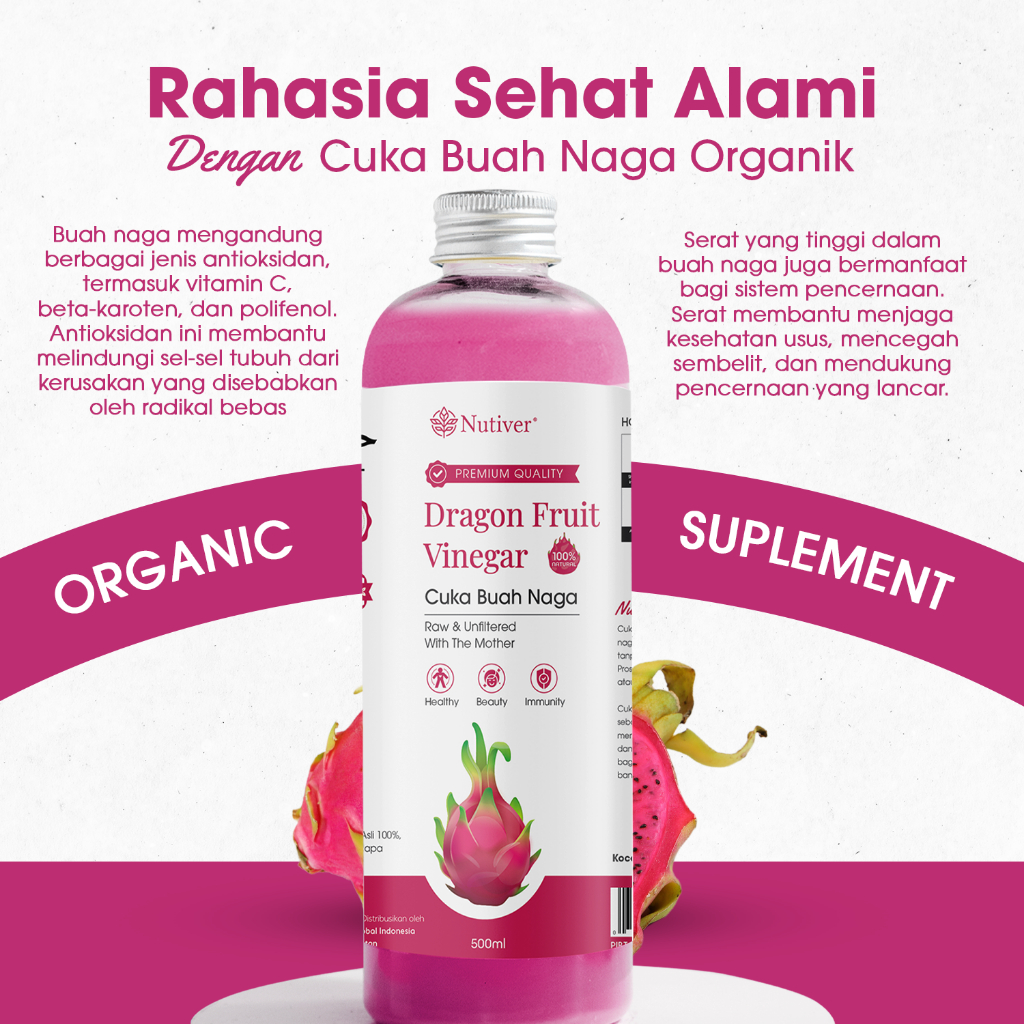 NUTIVER Cuka Buah Naga With Mother Murni 500ml Cuka Naga Dragon Fruit Vinegar Untuk Diet dan Detox