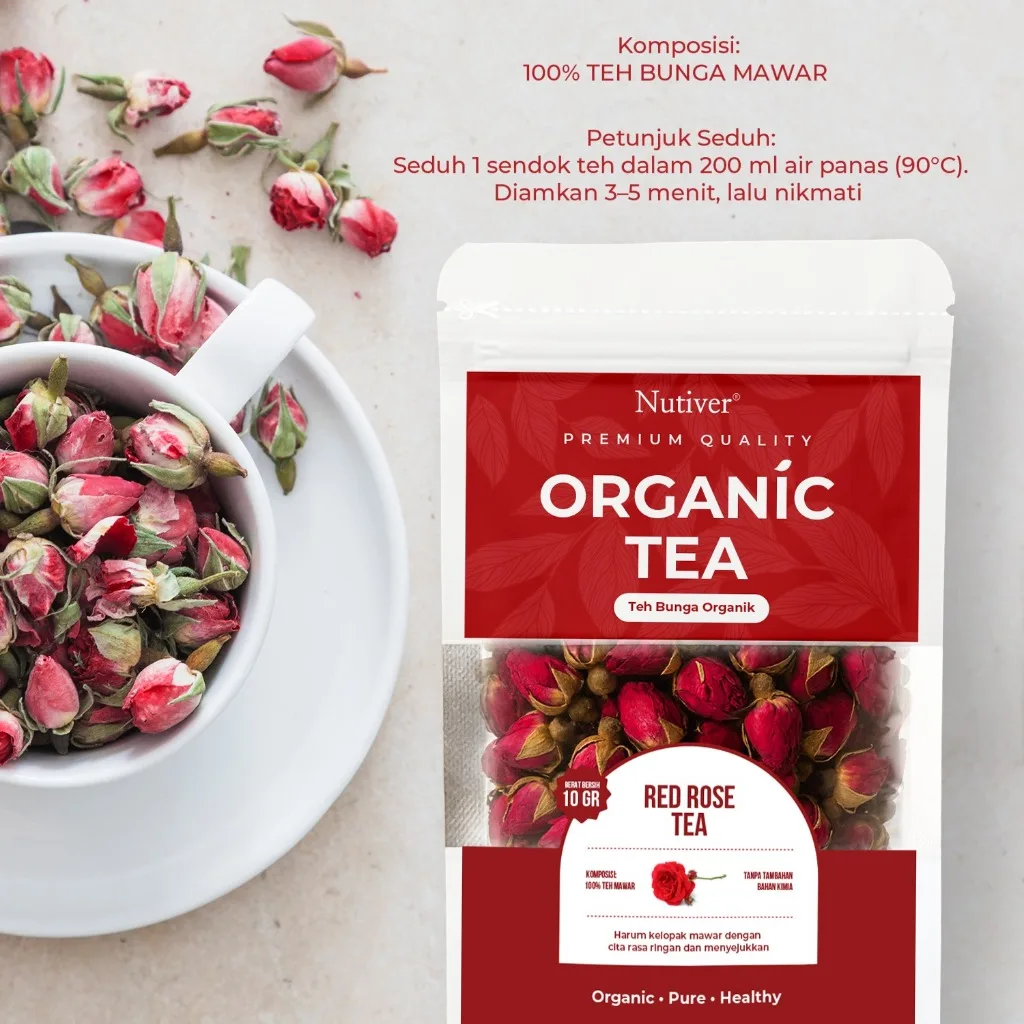 Nutiver Teh Bunga Organik Red Rose Tea Teh Mawar Herbal Aromatic Ringan Menyegarkan Tanpa Kafein 10g