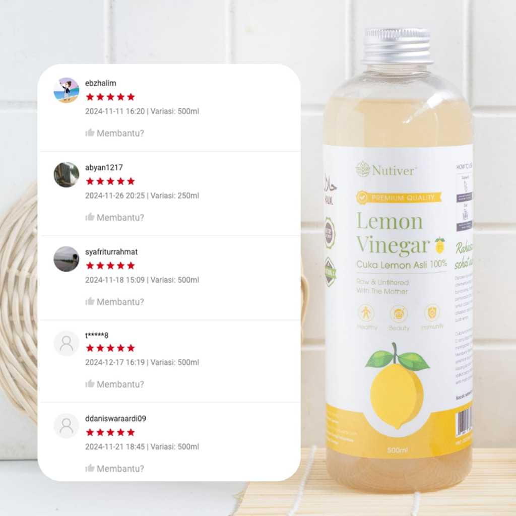 NUTIVER Cuka Lemon Murni 500ml Asli Fermentasi Alami Lemon Cider Vinegar untuk Diet & Pencernaan