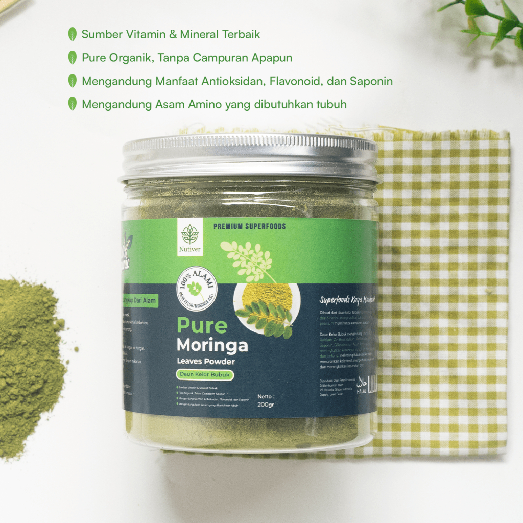 NUTIVER Daun Kelor Bubuk Original 100% Moringa Powder Bubuk Daun Kelor Pure 200gr