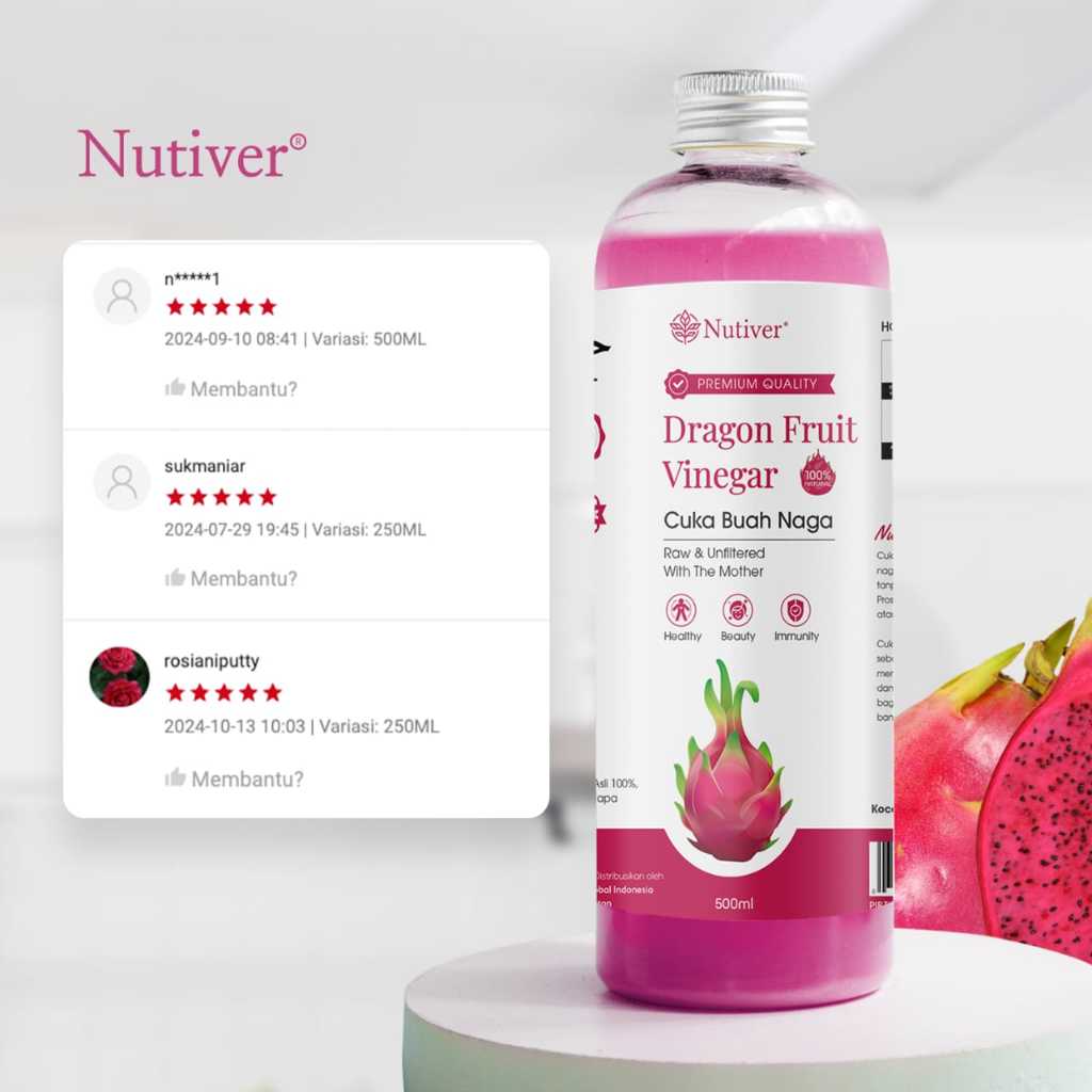 NUTIVER Cuka Buah Naga With Mother Murni 500ml Cuka Naga Dragon Fruit Vinegar Untuk Diet dan Detox