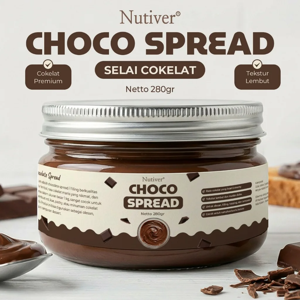 NUTIVER Choco Spread 280gr Selai Coklat Premium Creamy untuk Olesan Roti Topping Dessert & Baking