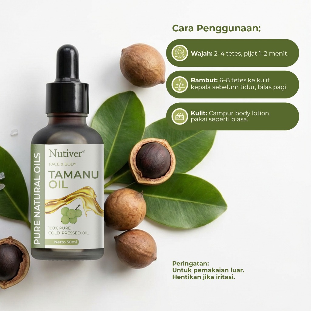 NUTIVER Tamanu Oil 50ml Asli Cold Pressed Minyak Tamanu untuk Wajah, Jerawat & Bekas Luka