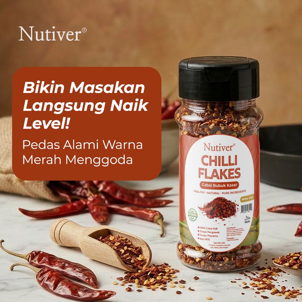 NUTIVER Chilli Flakes Cabai Bubuk Kasar 45gr Cabe Bubuk Original Bubuk Cabe Pedas Alami Tanpa MSG