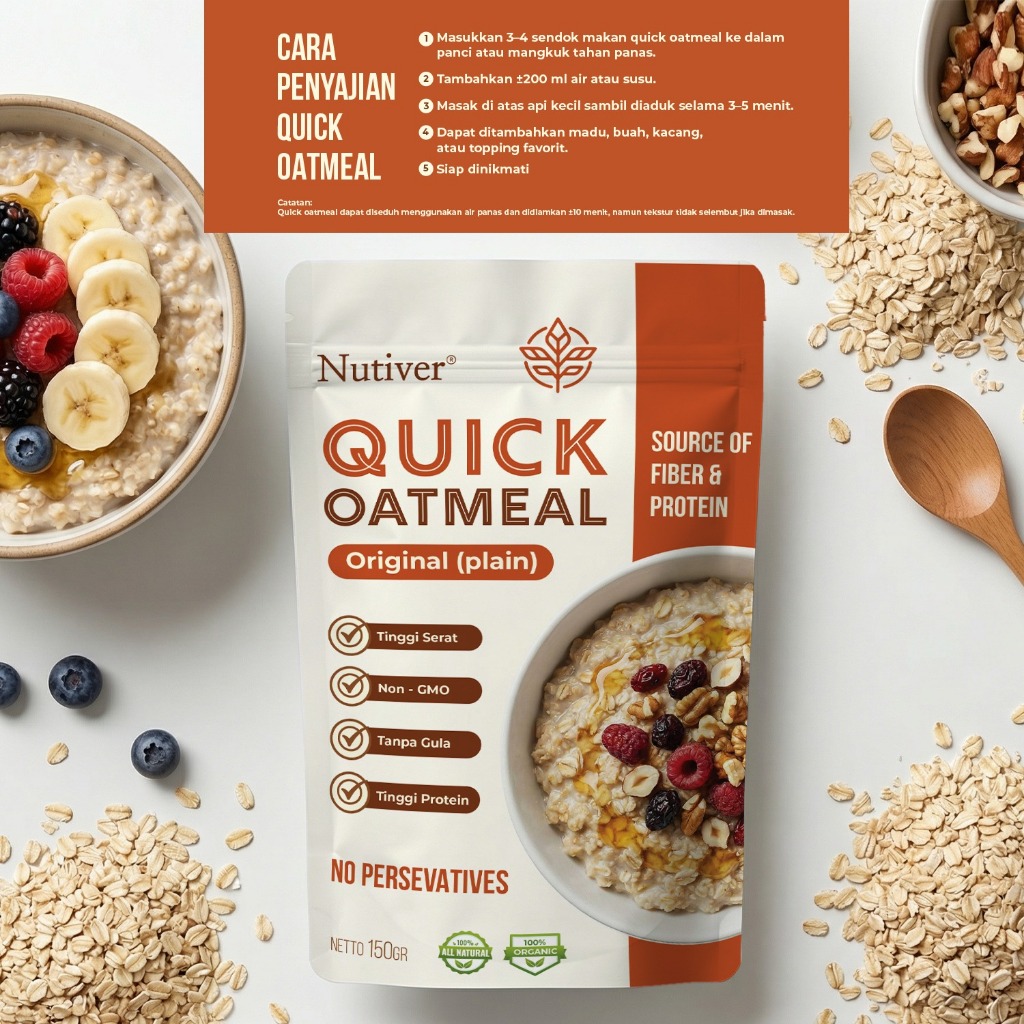 NUTIVER Quick Oatmeal 150gr Oat Instan Cepat Saji Sarapan Sehat Tinggi Serat Praktis