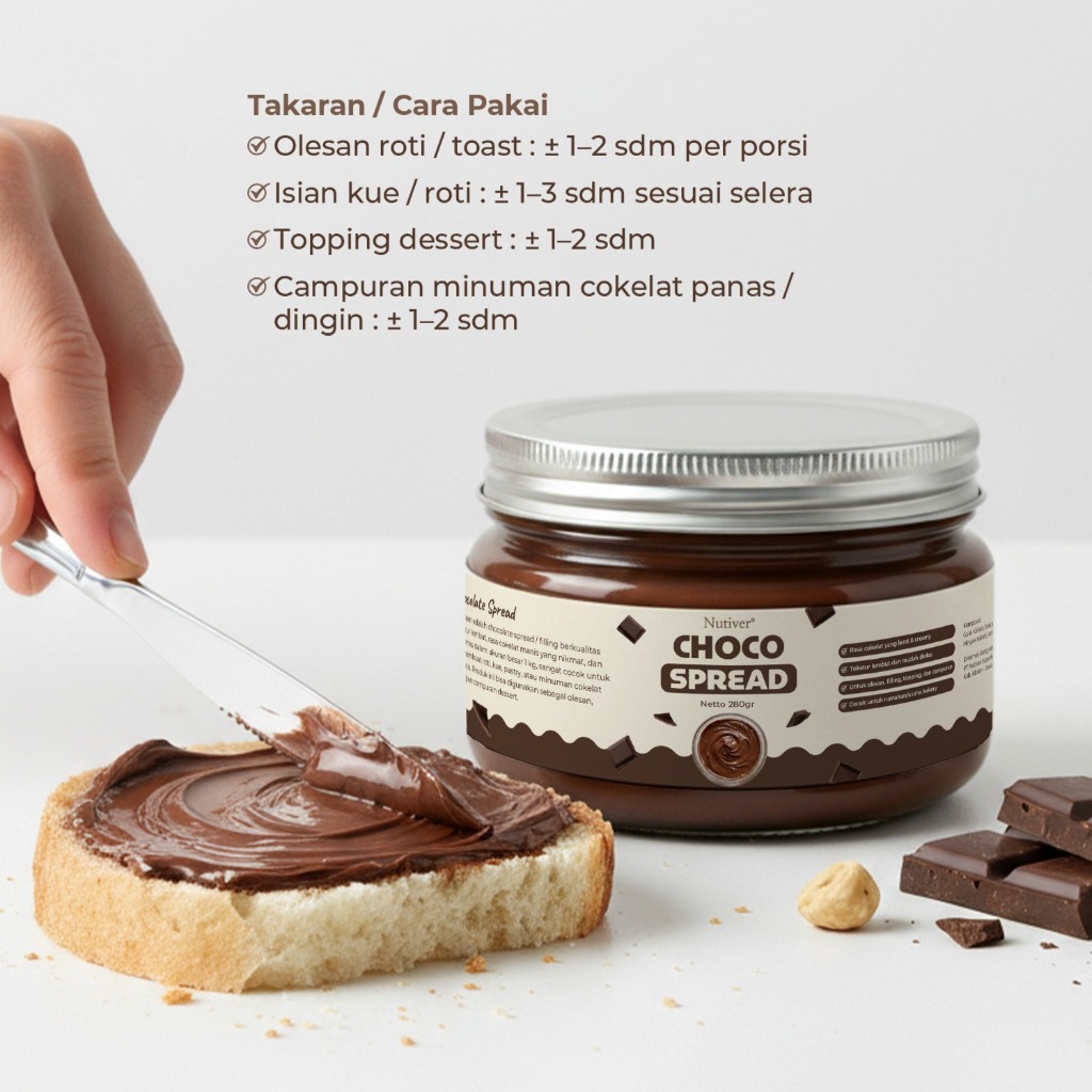 NUTIVER Choco Spread 280gr Selai Coklat Selai Cokelat Premium Creamy untuk Olesan Roti Topping Dessert & Baking