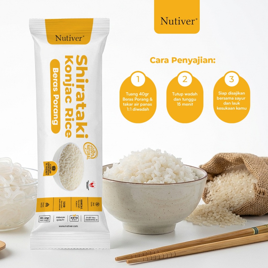 NUTIVER Beras Porang Shirataki 40gr x 8 | Konjac Rice Diet Rendah Kalori Gluten Free