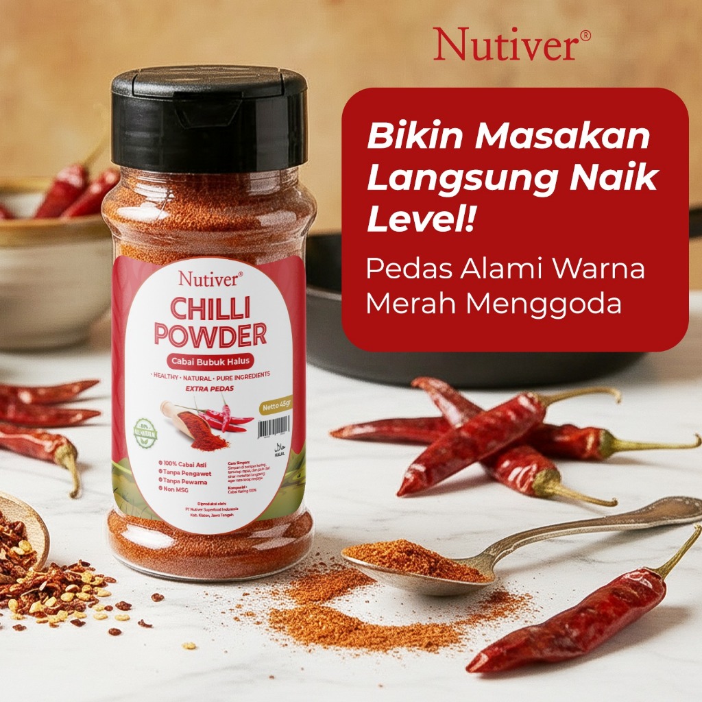 NUTIVER Chili Powder Cabai Bubuk Halus 45gr Cabe Bubuk Original Bubuk Cabe Pedas Asli Tanpa MSG