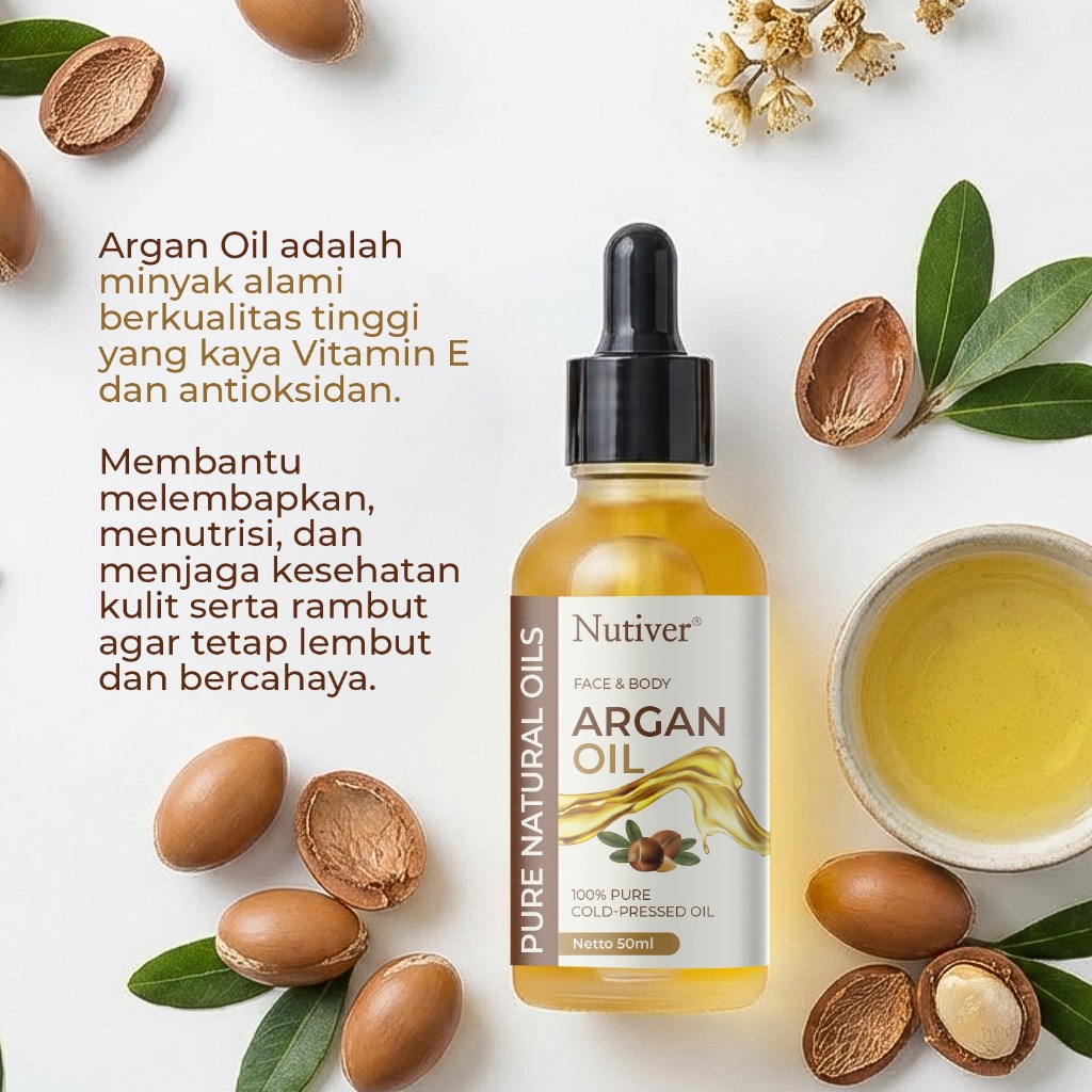 NUTIVER Argan Oil 50ml Asli 100% Cold Pressed – Minyak Argan Wajah Rambut Kulit Kering