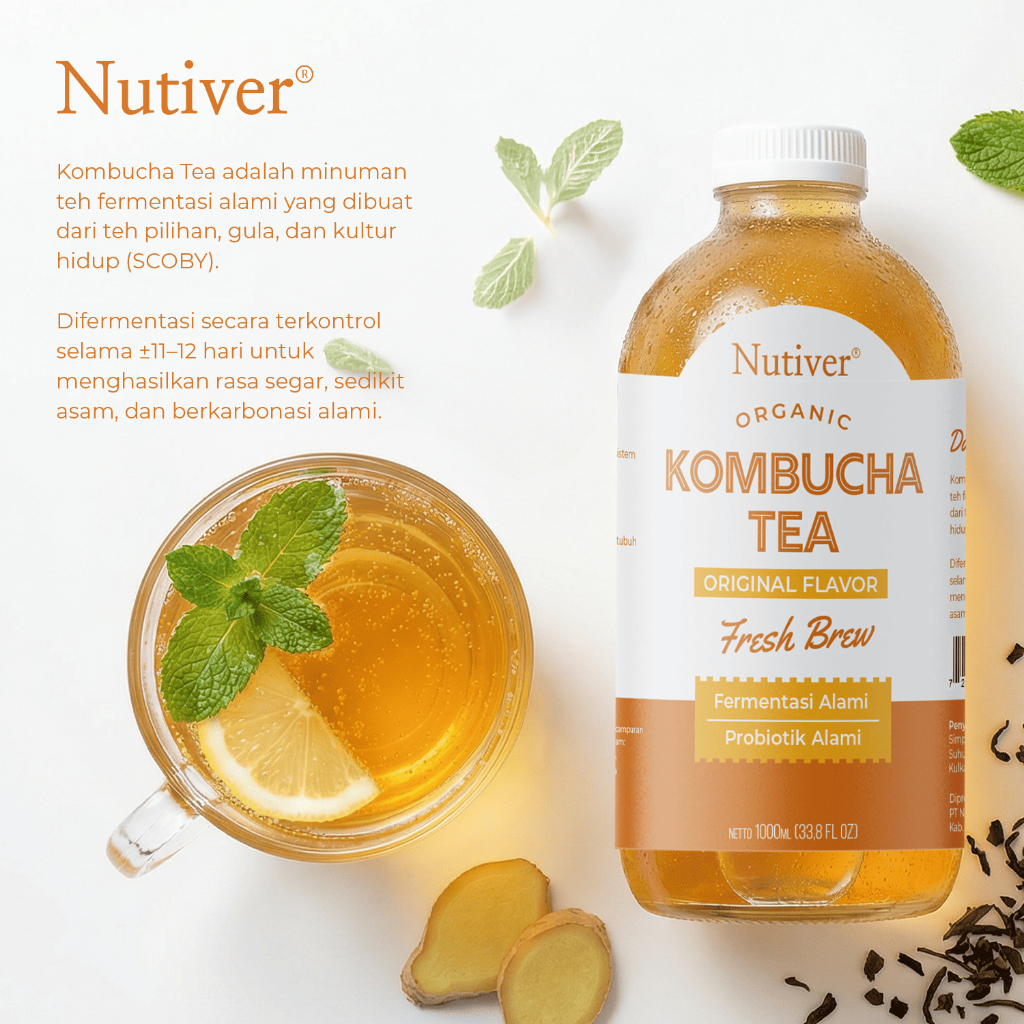 NUTIVER Organic Kombucha Tea | Teh Kombucha | Fermentasi Alami | Probiotik Alami | Original Flavour | Fresh Brew