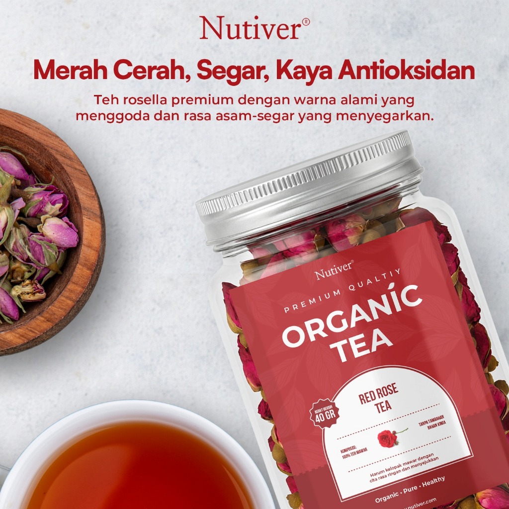 Nutiver Teh Bunga Organik Red Rose Tea Teh Mawar Herbal Aromatic Ringan Menyegarkan Tanpa Kafein 40g
