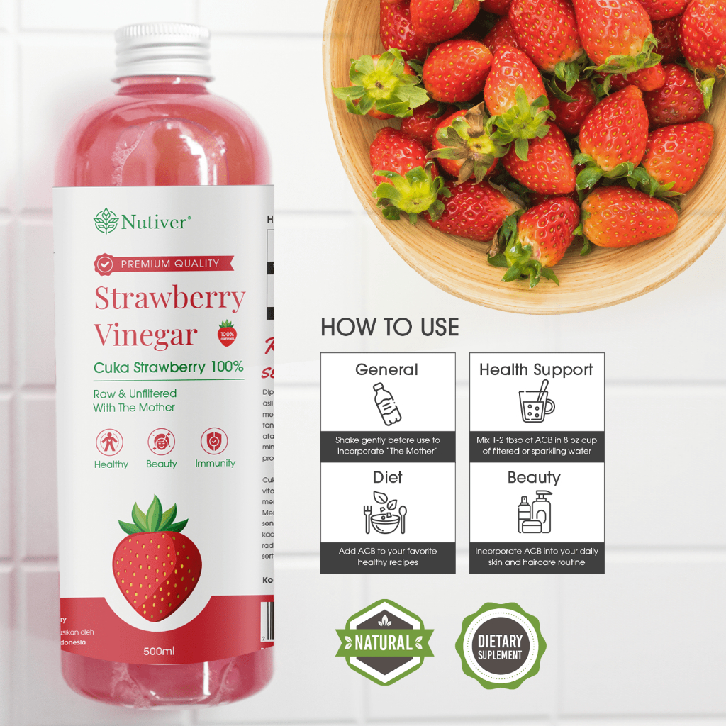 NUTIVER Cuka Buah Strawberry With Mother Strawberry Cider Vinegar Alami Original  500ml
