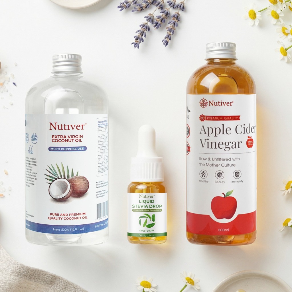 NUTIVER Paket Diet Detox Lengkap VCO 500ml + Cuka Apel Cider Vinegar 500ml + Stevia Tetes 10ml 3in1