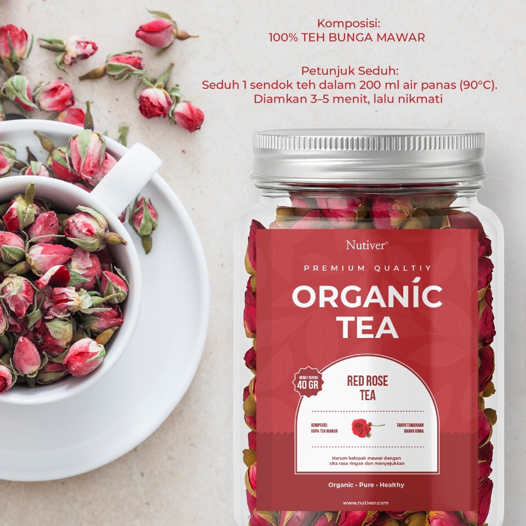 Nutiver Teh Bunga Organik Red Rose Tea Teh Mawar Herbal Aromatic Ringan Menyegarkan Tanpa Kafein 40g