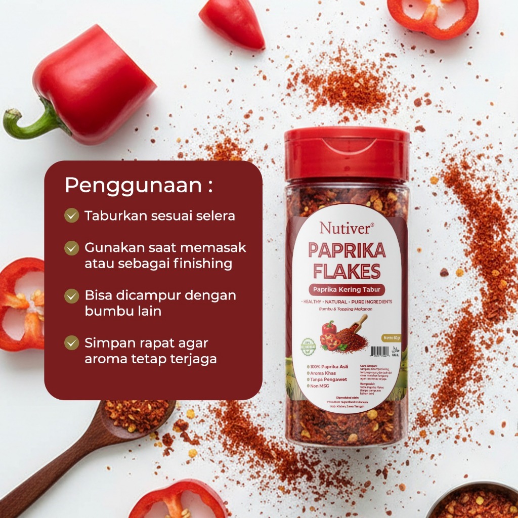 NUTIVER Paprika Flakes 60gr Paprika Bubuk Kasar Kering Tabur Bumbu Tabur Masakan Non MSG