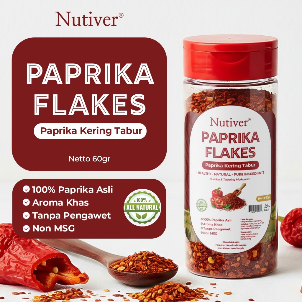 NUTIVER Paprika Flakes 60gr Paprika Bubuk Kasar Kering Tabur Bumbu Tabur Masakan Non MSG