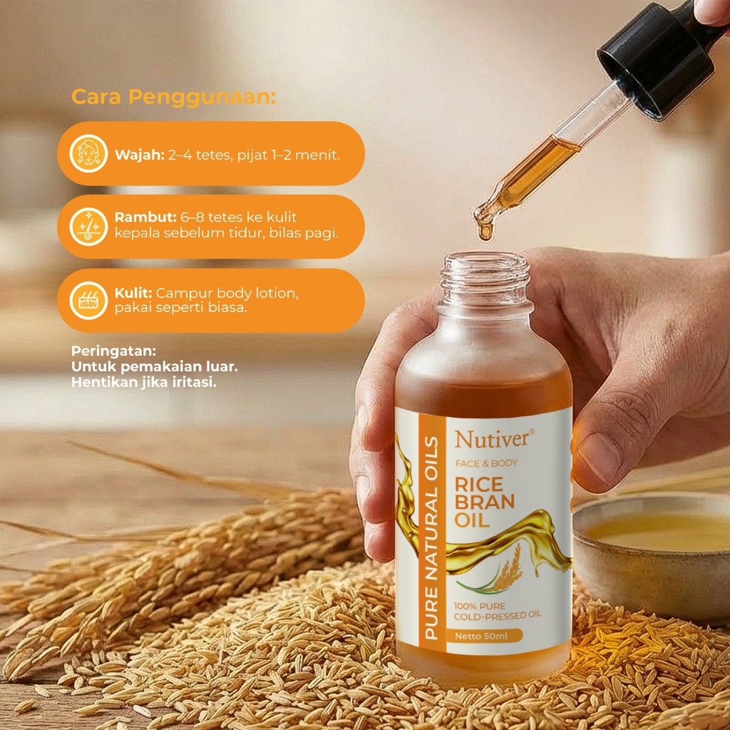 NUTIVER Rice Bran Oil 50ml Minyak Dedak Beras Cold Pressed untuk Wajah & Rambut