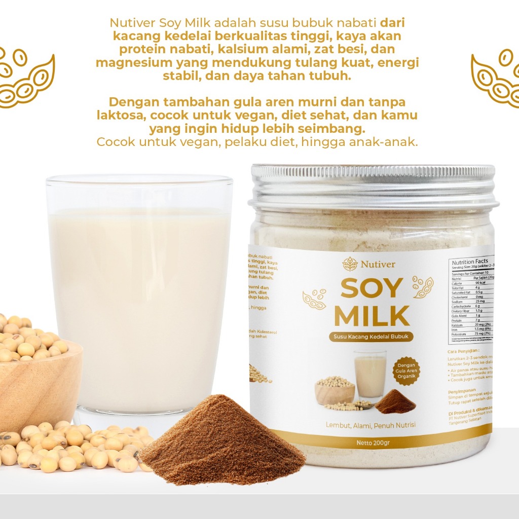 NUTIVER Susu Kedelai Bubuk Soy Milk Powder Kedele Bubuk Alami Dengan Gula Aren  Asli 200gr