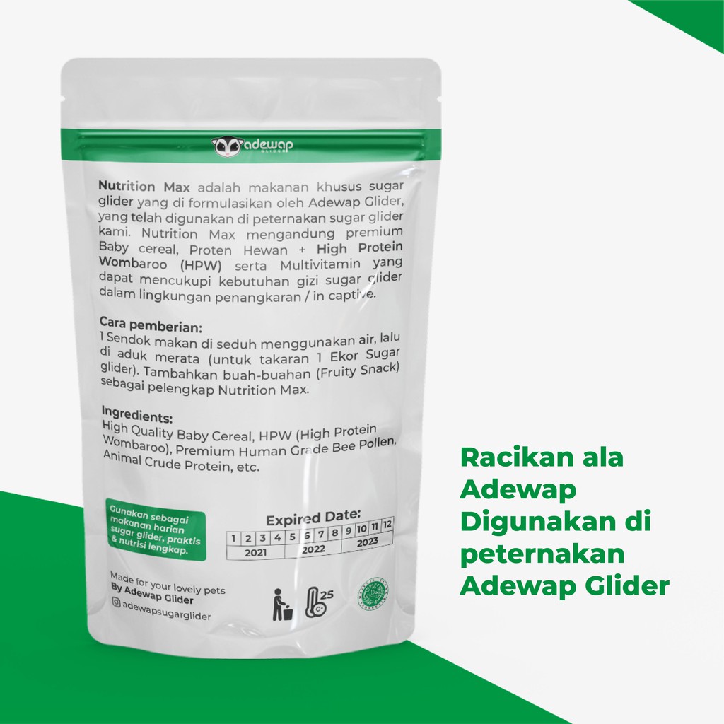 ADEWAP GLIDER Nutrition Max Makanan Bubur Sugar Glider Premix Protein Kalsium HPW Daily Meal Harian - 2
