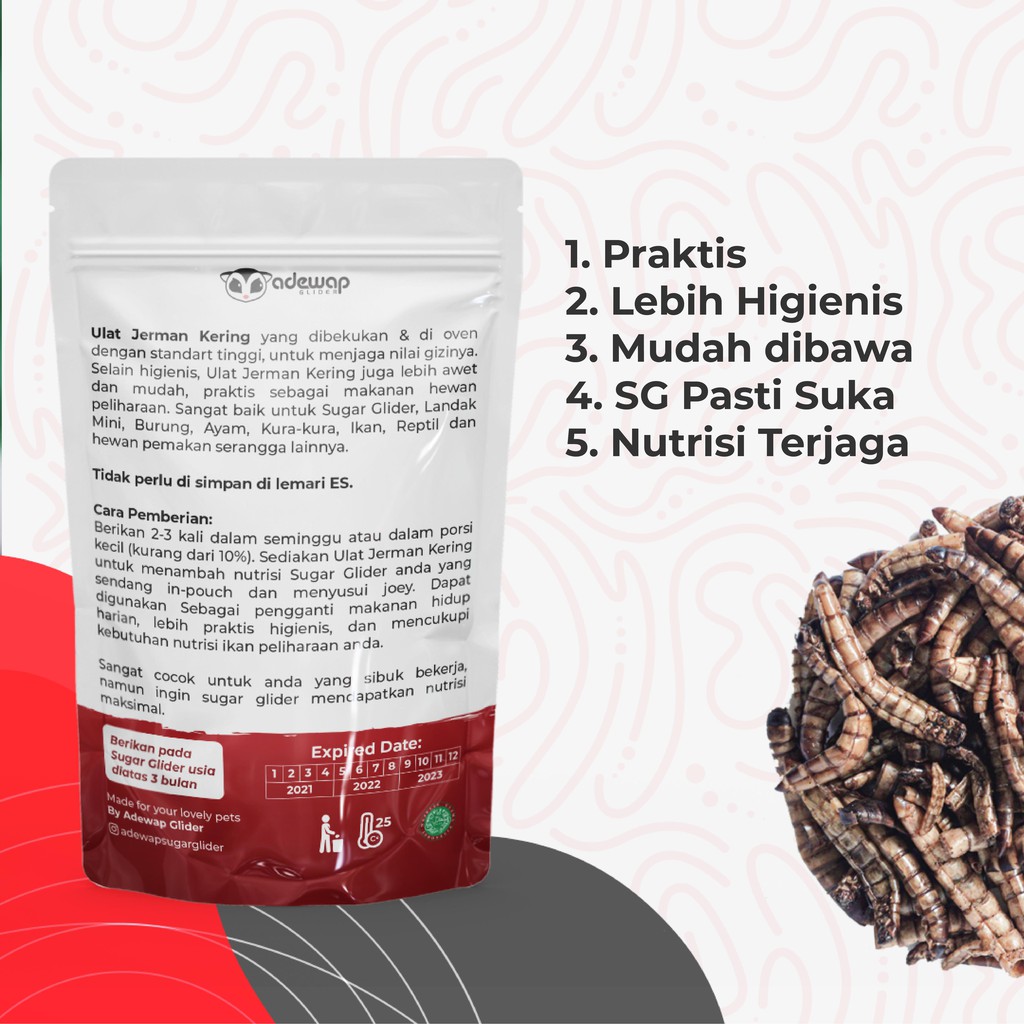 ADEWAP GLIDER Ulat Jerman Kering Dried Super Worm Cemilan Sugar Glider - 40gr - 2