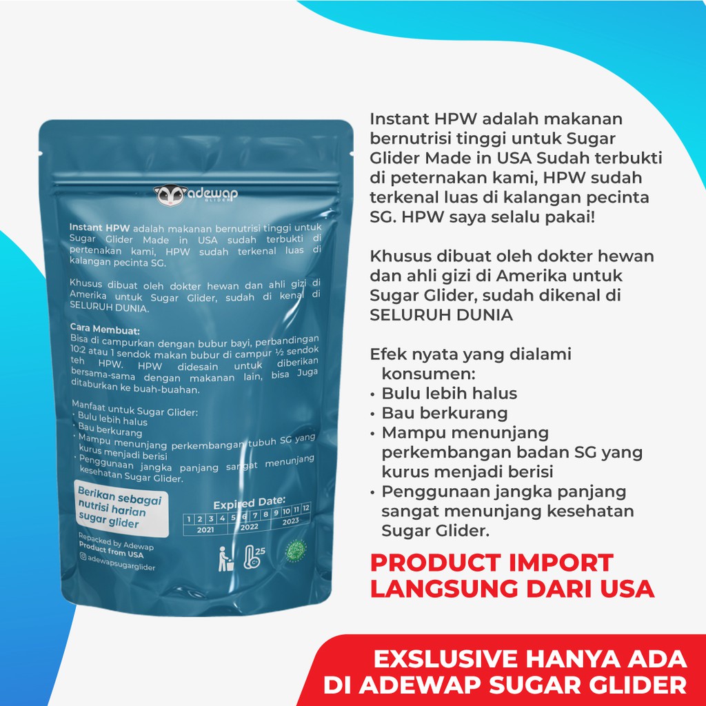 ADEWAP GLIDER HPW Instan Sugar Glider Campuran Nutrisi High Protein Wombaroo - 50Gr - 2