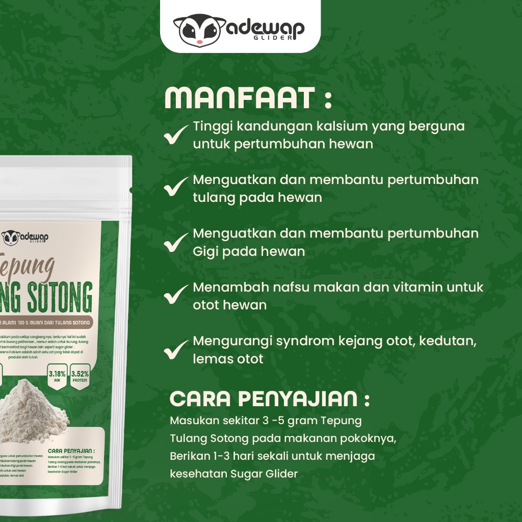ADEWAP GLIDER Tepung Tulang Sotong Suplemen Kalsium Alami Untuk Hewan Peliharan - 2