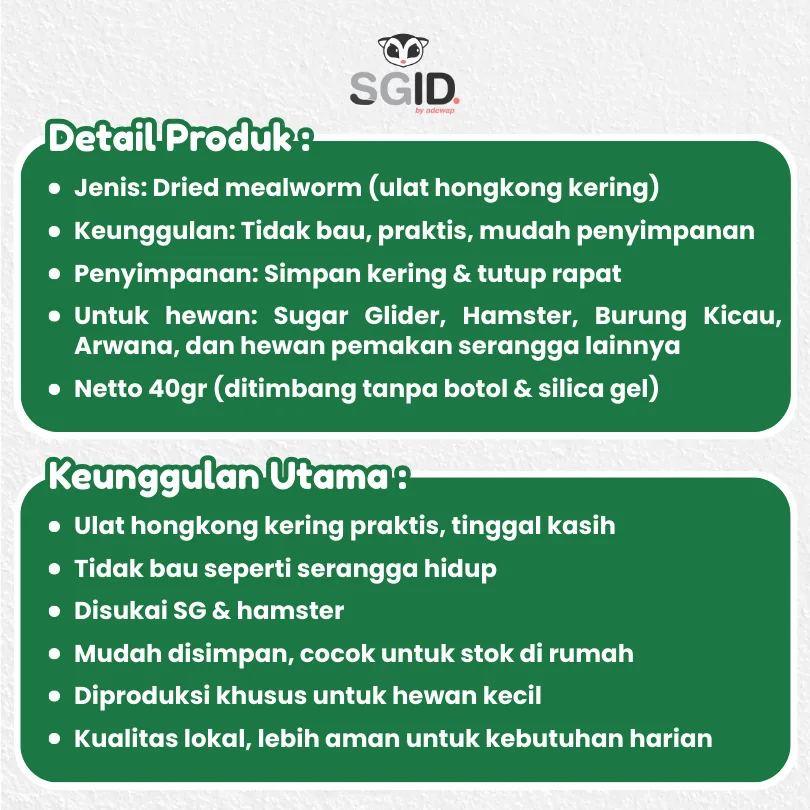 Ulat Hongkong Kering Pakan Sugar Glider Burung Tupai Terbang Landak mini Arwana