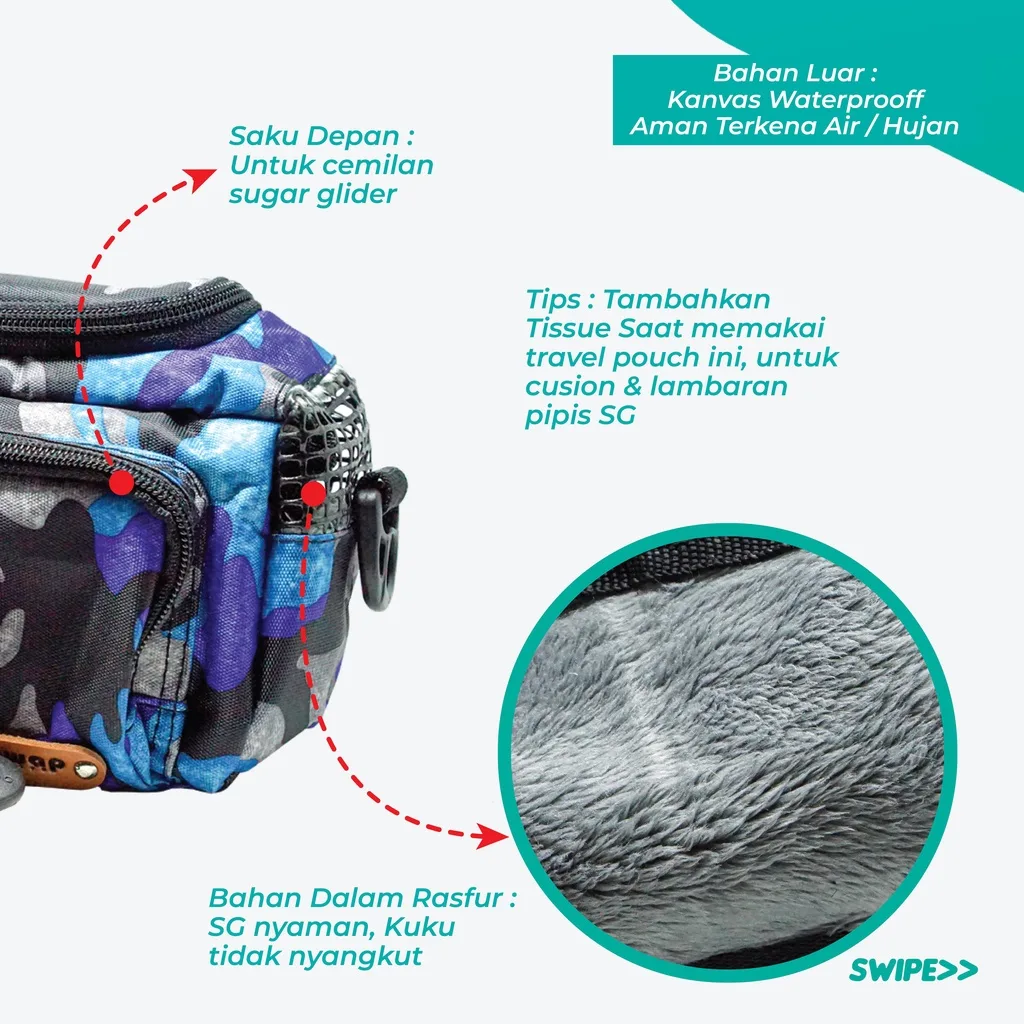 Travel Pouch Model Youmi Tas Sugar Glider selempang untuk melatih bonding | Jalan jalan bareng SG