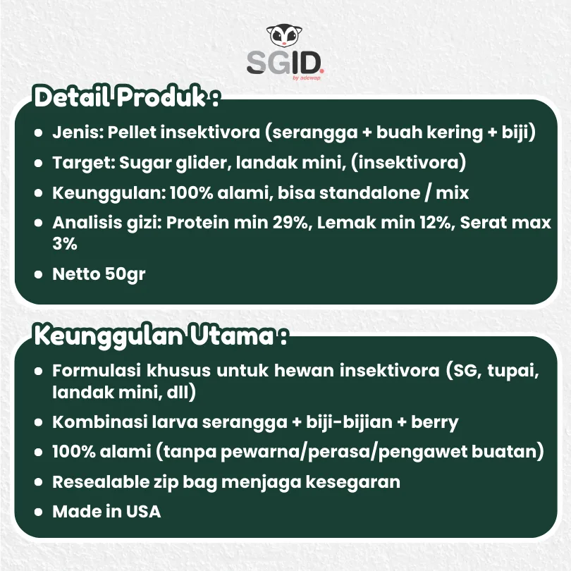 ADEWAP GLIDER Berries & Bugs Pellet Makanan Pellet + Serangga & Buah Kering Sugar Glider