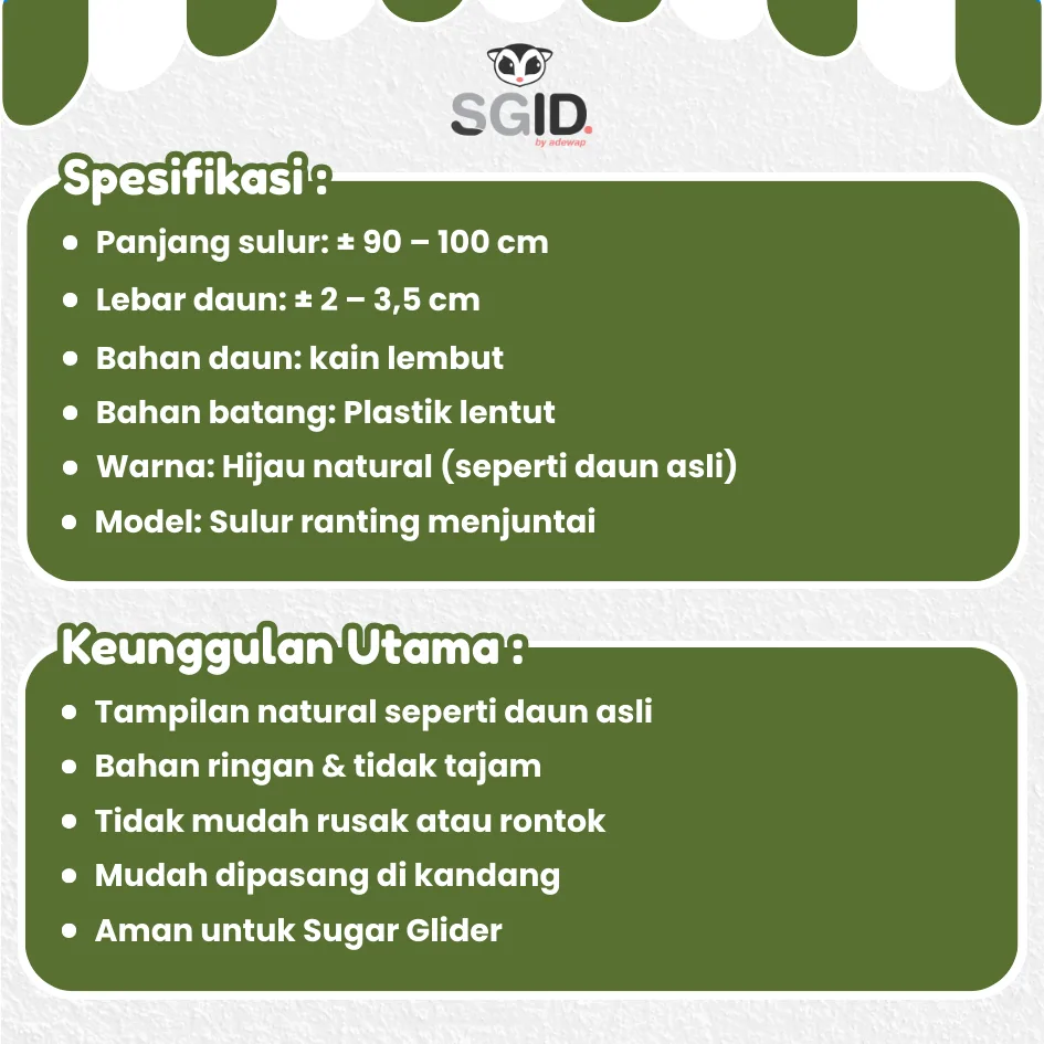 ADEWAP GLIDER Daun Ranting Articifial Sri Gading Hiasan Kandang Sugar Glider