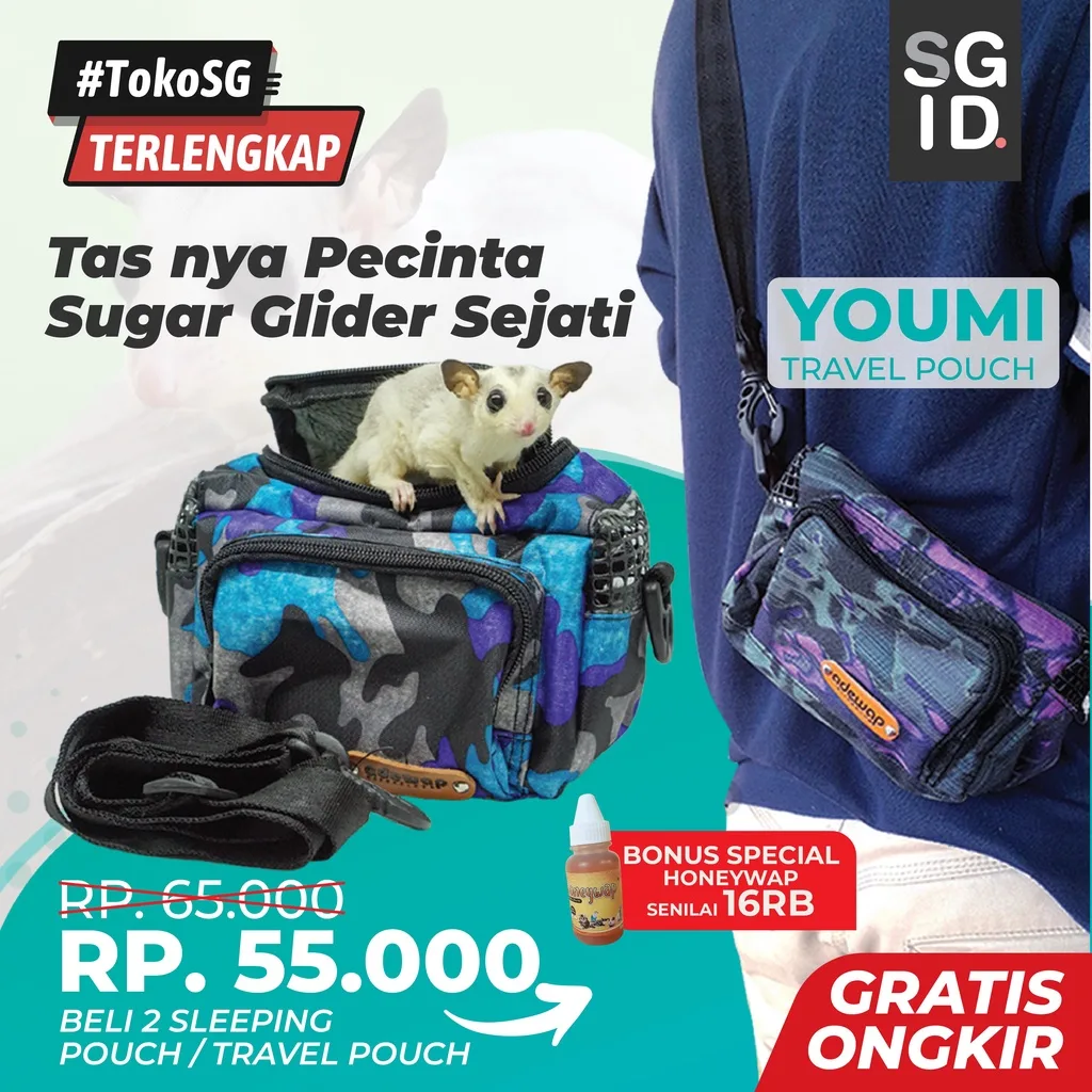 Travel Pouch Model Youmi Tas Sugar Glider selempang untuk melatih bonding | Jalan jalan bareng SG