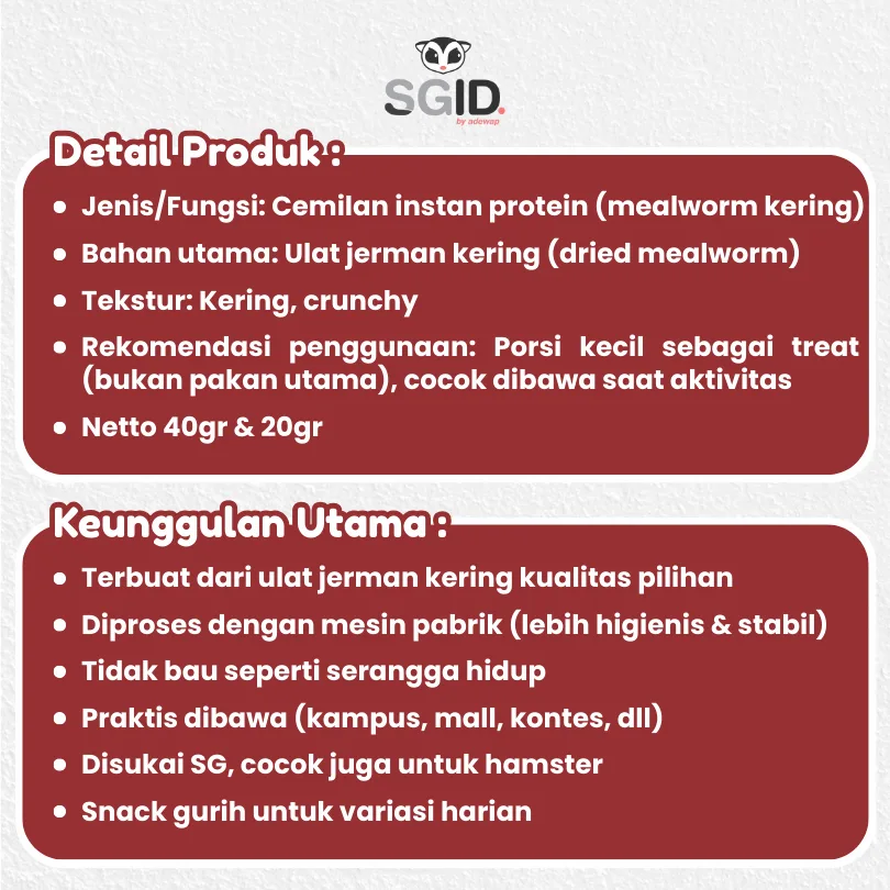 Ulat Jerman Kering Dried Super mealworm crunch untuk sugar glider landak burung ikan hamster gerbil