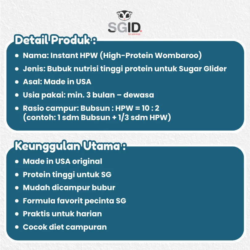 ADEWAP GLIDER HPW Instan Sugar Glider Campuran Nutrisi High Protein Wombaroo - 50Gr