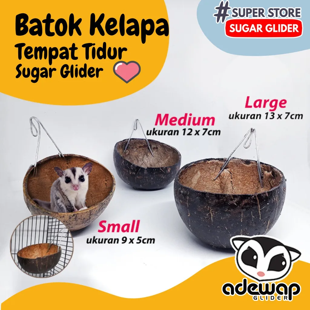 Sleeping pouch tempat tidur Batok Kelapa asli untuk sugar glider tupai terbang hamster & hewan lain