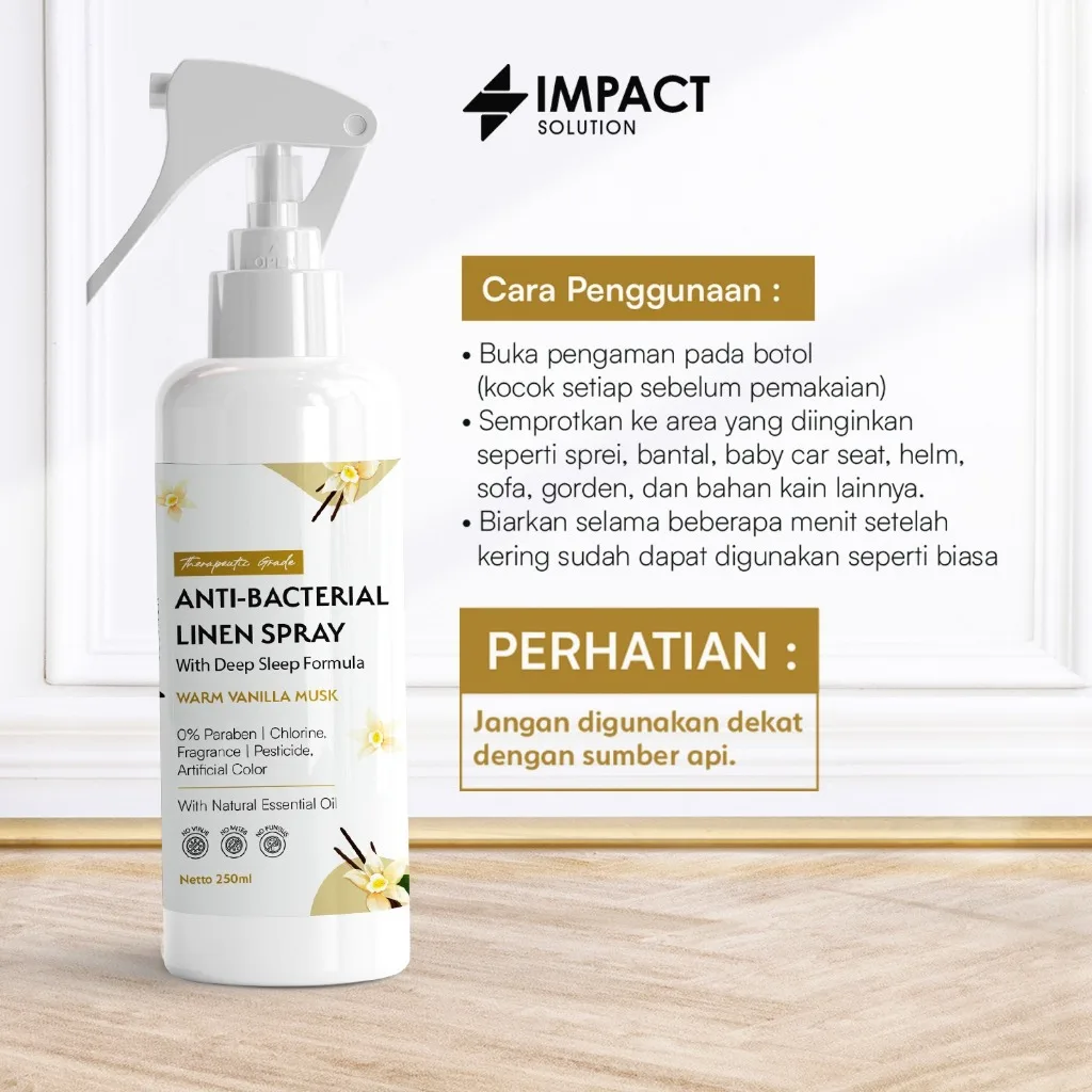 IMPACT Linen Spray Anti Bakteri Kasur & Bed Spray Penghilang Bau Aman Bayi Vanilla Musk 250ml
