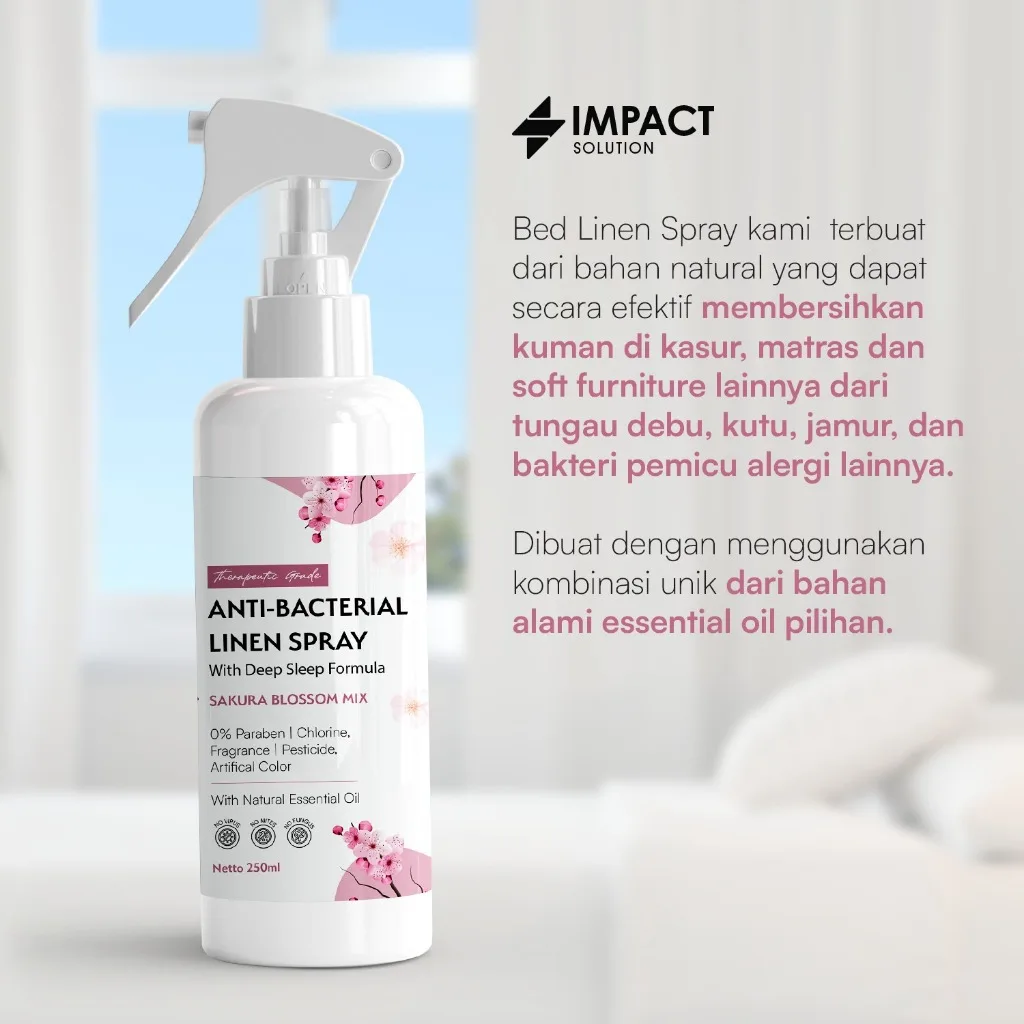 IMPACT Anti Bacterial Linen Spray Sakura Blossom 250ml Penghilang Tungau & Bakteri Kasur Deep Sleep