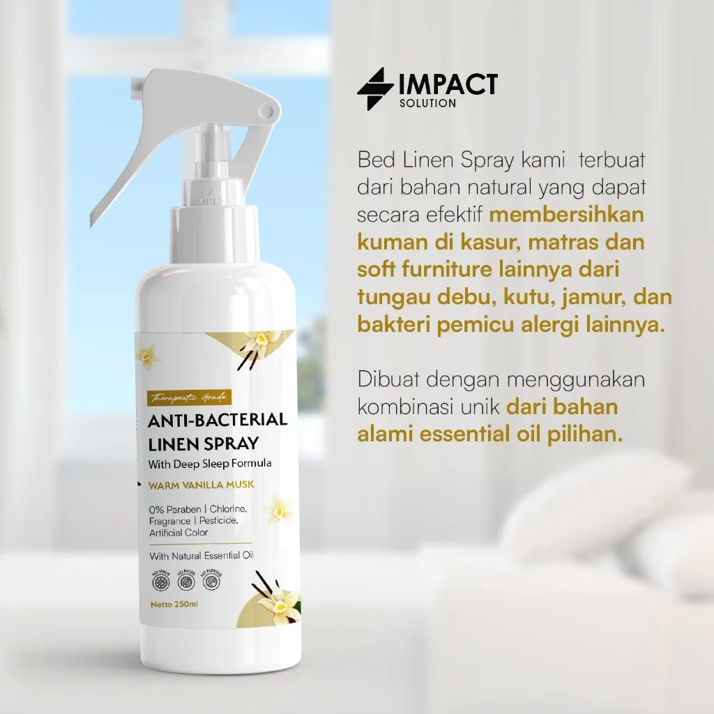IMPACT Linen Spray Anti Bakteri Kasur & Bed Spray Penghilang Bau Aman Bayi Vanilla Musk 250ml
