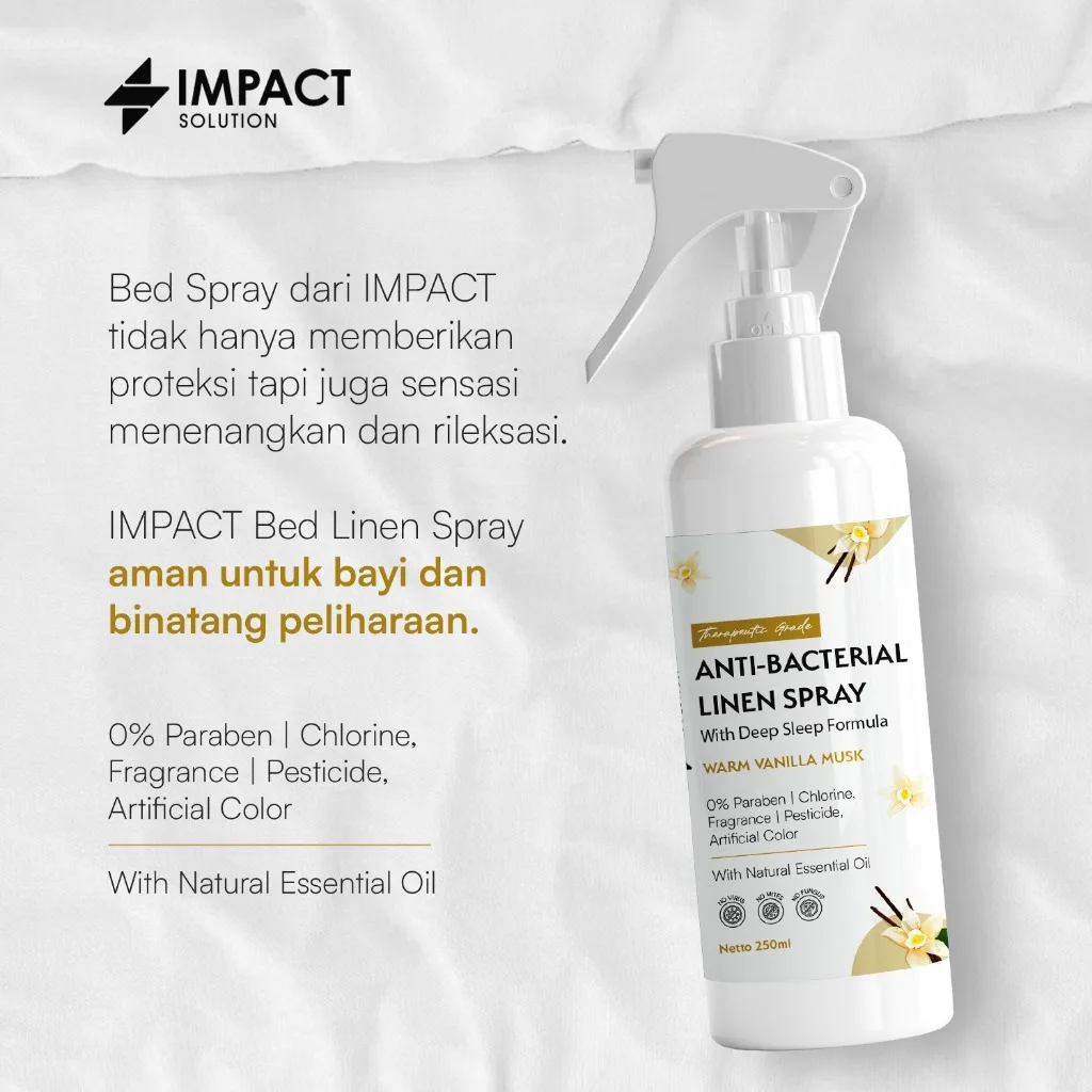IMPACT Linen Spray Anti Bakteri Kasur & Bed Spray Penghilang Bau Aman Bayi Vanilla Musk 250ml