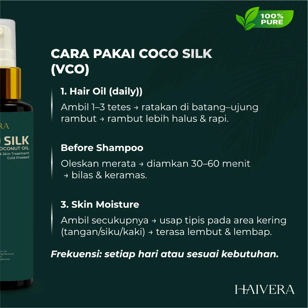HAIVERA Coco Silk VCO 100% Virgin Coconut Oil Cold Pressed Minyak Kelapa Rambut & Kulit 100ml